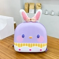 Detail of purple cartoon rabbit hard shell backpack showing 3D ears and cute bow accent - Purple