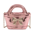 Girl's pink holographic mini tote bag with gold bow decoration and chain strap - Pink