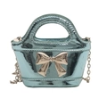 Chic blue laser metallic mini handbag for girls with a silver bow and chain strap - Blue
