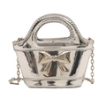 Silver mirror-finish mini tote bag with a metallic bow and detachable chain strap - Silver
