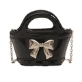 Glossy black girls mini crossbody bag with silver metallic bow and chain strap - Black