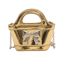 Golden laser mirror finish girls crossbody bag with a large silver bow and chain - Gold