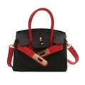 Mini trapezoid girl's crossbody bag in black pebble leather with red handle and strap - Black