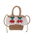 Bolso de paja hecho a mano con ribete de encaje blanco y decorado con cerezas rojas - Caqui