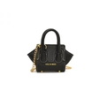 Mini black lychee leather kids crossbody bag with gold chain and white stitching - Black