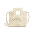 Elegant white faux pearl beaded handbag with unique square cutout handle for formal events - Pure White