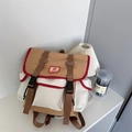 Kids school backpack in brown and white canvas with red trim and buckle closure - Khaki
