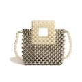 Silver woven beaded mini bag with pearl square handle and long pearl crossbody strap - Silver and White