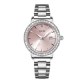 Silver stainless steel watch with crystal bezel and pink sunray dial for women - Silver Strap Pink Dial