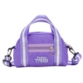 Purple fashion crossbody bag for kids featuring blue and white striped straps and logo patch - Small / Purple