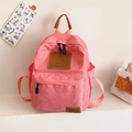 Pink canvas kids backpack for girls with smile leather patch and multiple pockets - Pink