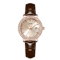 Women's luxury quartz watch with rose gold diamond bezel and brown leather strap - Brown Strap Rose Gold Case Rose Gold Dial