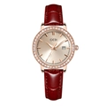 GEDI Women's Luxury Quartz Watch with Red Leather Strap and Crystal Bezel - Red Strap Rose Gold Case Rose Gold Dial