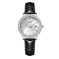 GEDI luxury women's watch with silver rhinestone bezel and black leather strap - Black Strap Silver Case Silver Dial