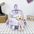 Paarse geruite schoolrugzak met berenprint en een schattige 3D pluche hanger - Paars
