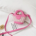 Mini pink checkered handbag for girls featuring a metal logo and adjustable shoulder strap - Pink