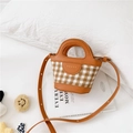 Mini brown plaid handbag for girls with adjustable strap and leather trim design - Brown