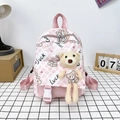 Sac à dos enfant à carreaux roses avec ours en peluche 3D et motifs mignons - Rose