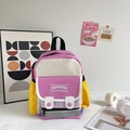 Kids' canvas backpack in purple and yellow color block design with fashion slogan - Large Pink