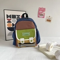 Kids color-block canvas backpack in blue brown and green with safety reflective strip - Small Brown