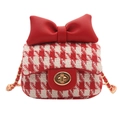 Girls' red houndstooth mini crossbody bag with a large bow and gold chain strap - Red