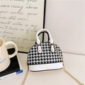 Mini shell-shaped handbag for kids in black and white houndstooth fabric with gold chain - White