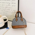 Mini shell handbag for girls featuring retro houndstooth pattern and brown leather trim - Brown