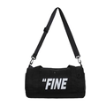 Kids black cylindrical canvas crossbody bag with white FINE print and adjustable strap - Black