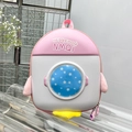 Close-up of cute pink penguin backpack with blue starry window and hedgehog NMQi logo - Pink