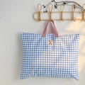 Minimalist blue checkered kids tote bag with pink straps and artistic letter embroidery - Blue