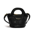 Mini black PU leather handbag for girls with gold letters and bear print patterns - Black