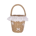 Kinder Strohtasche in Braun mit weißer Spitzenborte und eleganten Seidenschleifen - Khaki