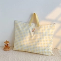 Kids yellow and white checkered canvas tote bag with letter patch and yellow top handles - Yellow