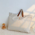 Brown and white checkered kids tote bag with top handles and embroidered BOT SE BOT patch - Brown