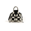 Mini bolso cubo de perlas para niña con cordón de satén negro y asa de perlas blancas - Grande / Plateado