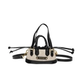 Mini straw woven crossbody bag with black patent leather trim and golden fashion logo - Black