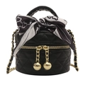 Quilted black cylinder handbag for girls featuring golden hardware and heart print scarf - Black