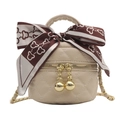 Beige quilted bucket bag for girls with printed silk scarf and gold metal chain - White