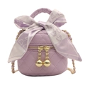 Quilted purple leather mini bucket bag for girls with decorative floral silk scarf handle - Purple