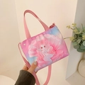 Pink gradient canvas tote bag with cartoon mermaid print and adjustable shoulder strap - Pink