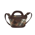 Mini borsa a secchiello vintage in tweed a scacchi con manici in pelle marrone e oro - Quadri Verdi