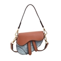 Mini bolso de silla para niña en cuero marrón y denim azul con herrajes dorados - Denim y Marrón