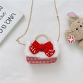 Red plaid girls mini bag with pearl handle and bow decoration in luxury tweed style - Bow Small Plaid