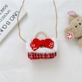 Red tweed children handbag with white faux fur trim, pearl handle and satin bow - Bow Line Grid
