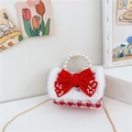 Red tweed child purse with pearl handle and bow detail for girls fashion - Bow Houndstooth