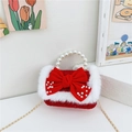 Red tweed child purse with large bow, pearl handle and gold chain strap - Red Bowknot