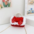 Mini sac rouge en velours pour fille avec poignée en perles et nœud décoratif - Velours avec Noeud