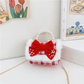 Mini sac rouge en tweed pour filles avec anse en perles et nœud élégant - Carreaux avec Noeud