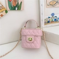 Pink quilted bucket bag with chain strap and top handle for girls in a stylish boxy shape - Pink