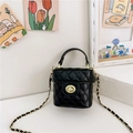 Mini black quilted chain bucket bag for girls with gold buckle and leather strap - Black